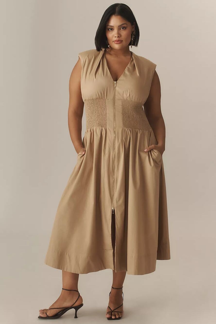 NWT ANTHROPOLOGIE The Tommie Zip-Front Midi Dress $178 PLUS 2X Neutral